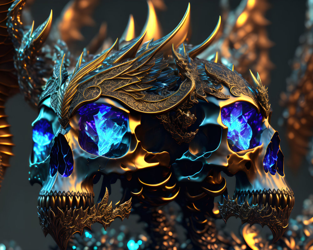 Metallic Dragon Skull with Blue Gemstone Eyes & Flames