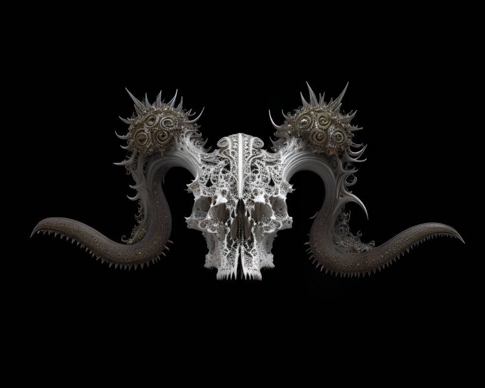 Symmetrical fractal design of fantastical creature with ornate horns and tails on black background