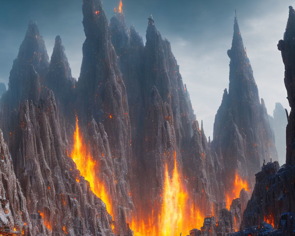 Majestic jagged mountains with flowing molten lava under dramatic sky