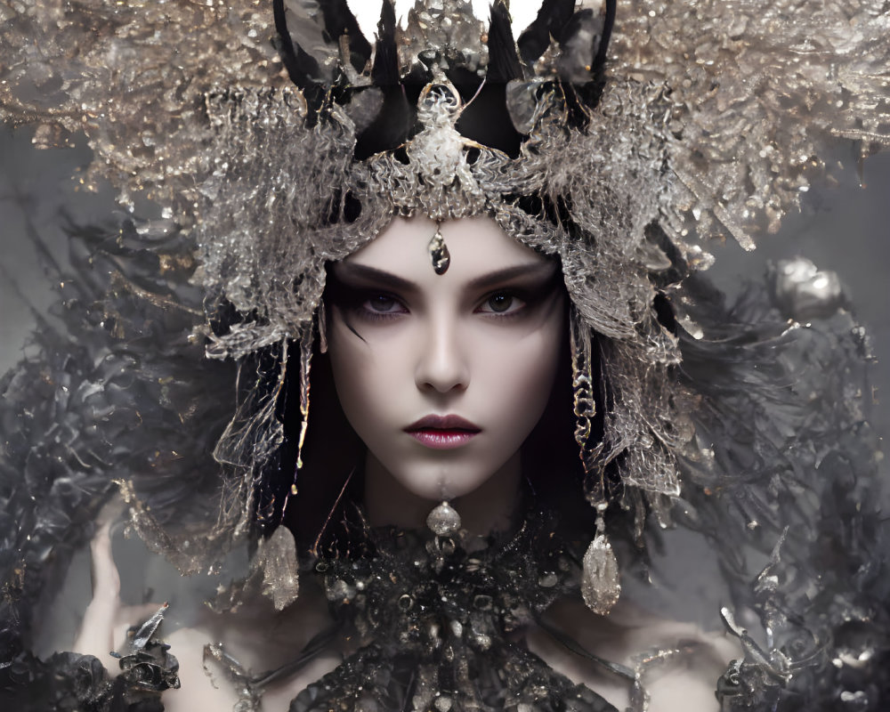 Person with Striking Makeup and Elaborate Metallic Headdress