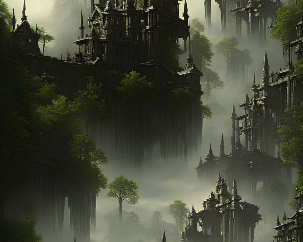 Gothic castles in misty fantasy landscape under twin moons