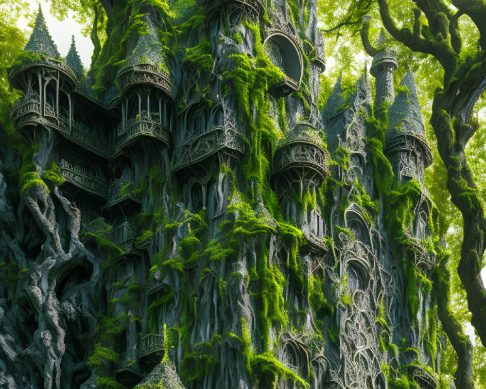 Ornate treehouse with towers and balconies in lush greenery