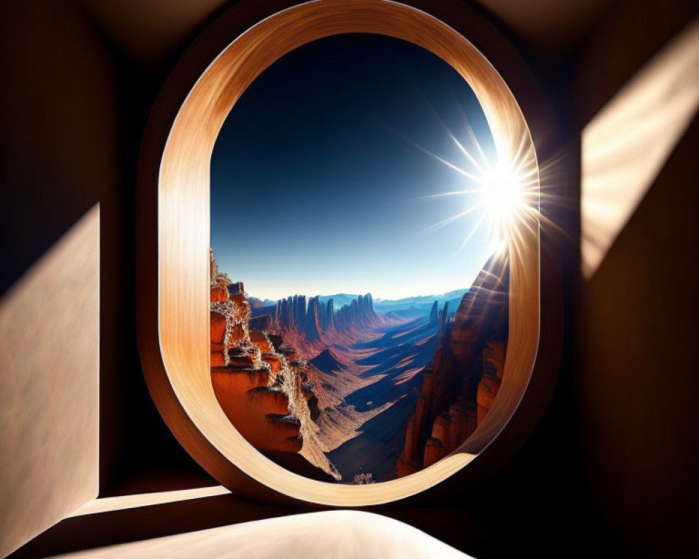 Circular Window Frames Sunlit Canyon Vista