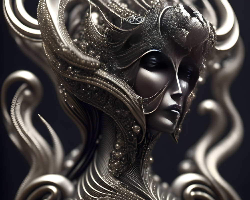 Detailed 3D illustration of female figure in ornate metallic armor on dark background