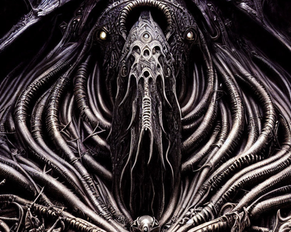 Intricate dark artwork with skull-like figure and alien vibe