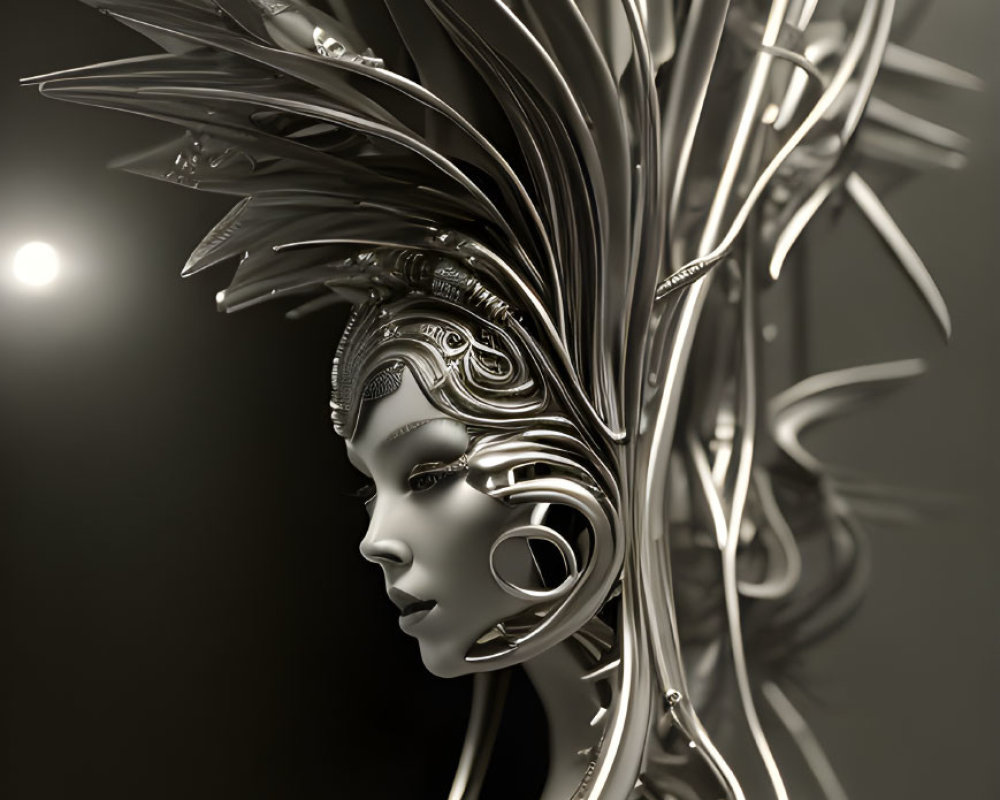 Intricate 3D metallic woman sculpture with swirling headdress on dark background