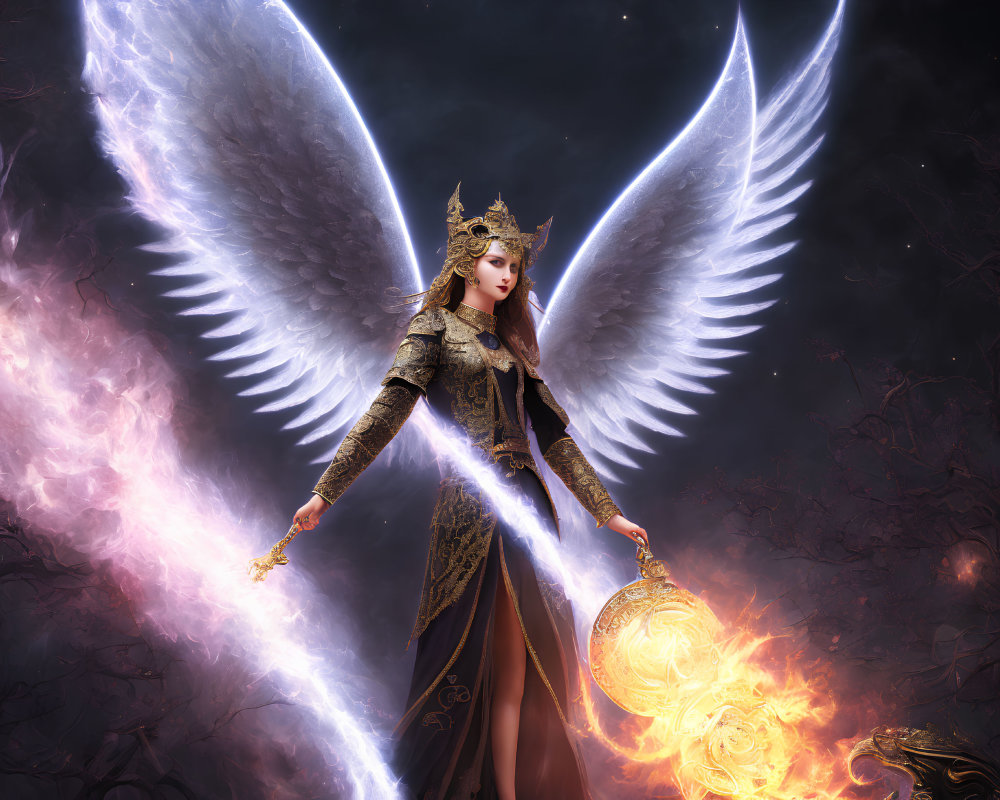 Majestic angelic figure with glowing wings and radiant sword