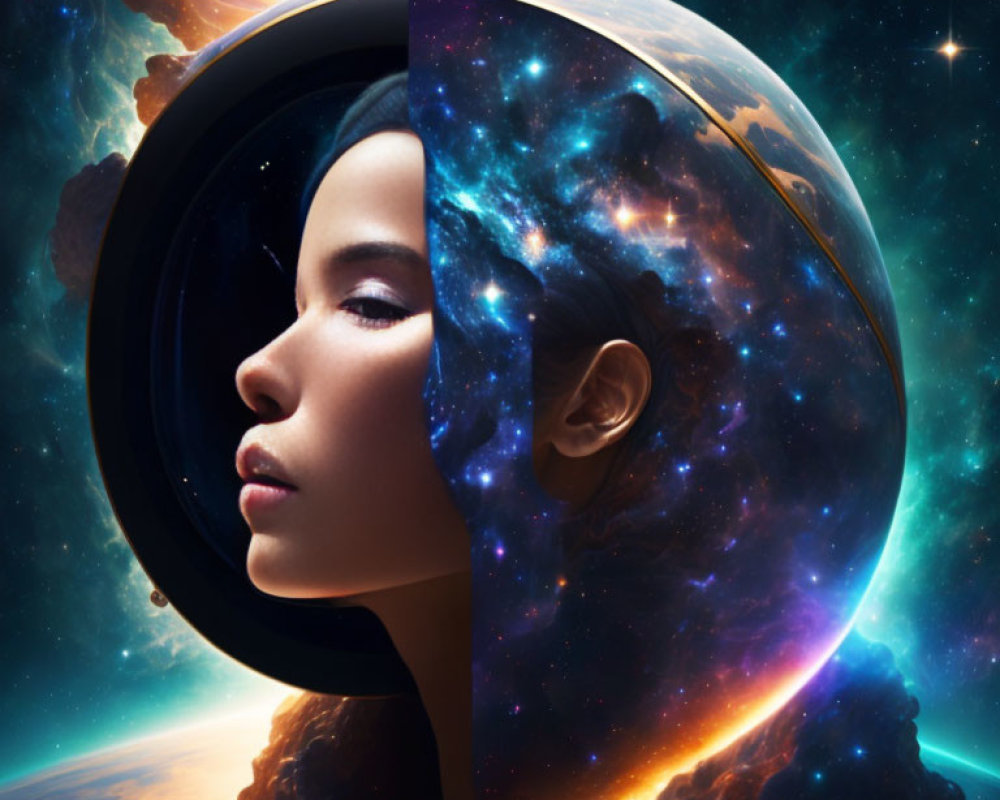 Woman's face blending with cosmic background in circular frame