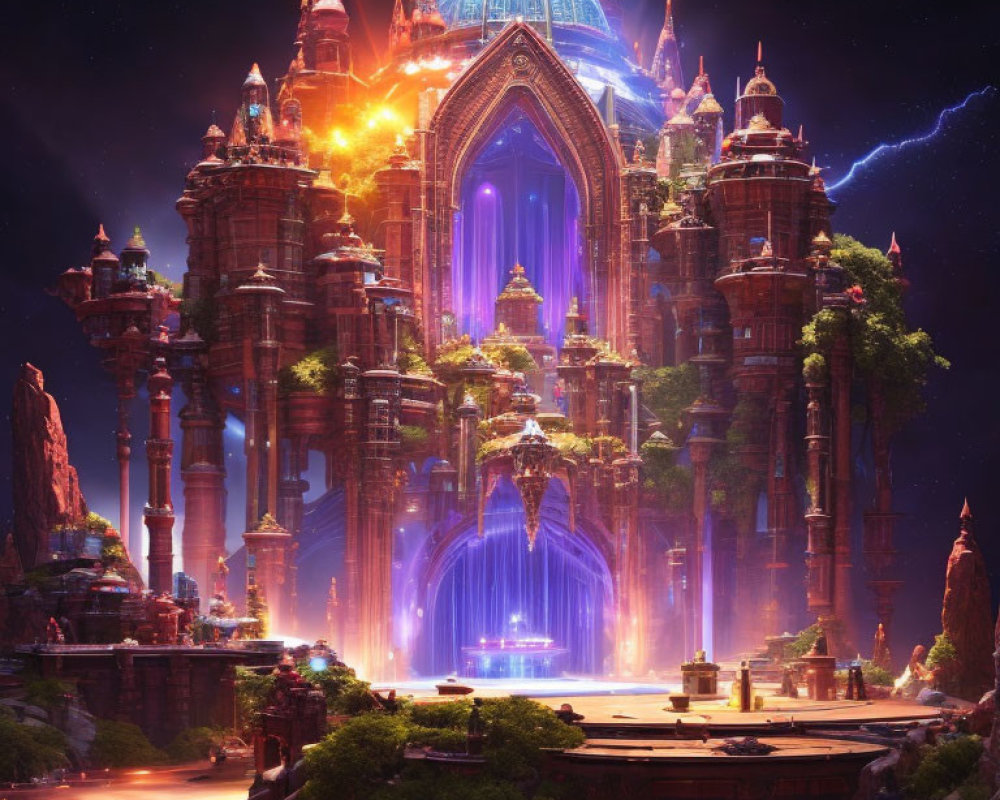 Fantastical palace with ornate spires under purple and golden lights