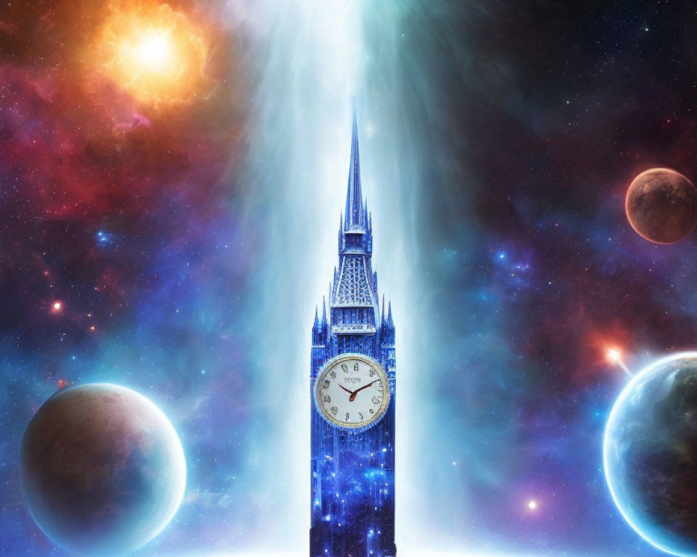 Big Ben tower emitting blue light in cosmic scene with stars, nebula, and planets