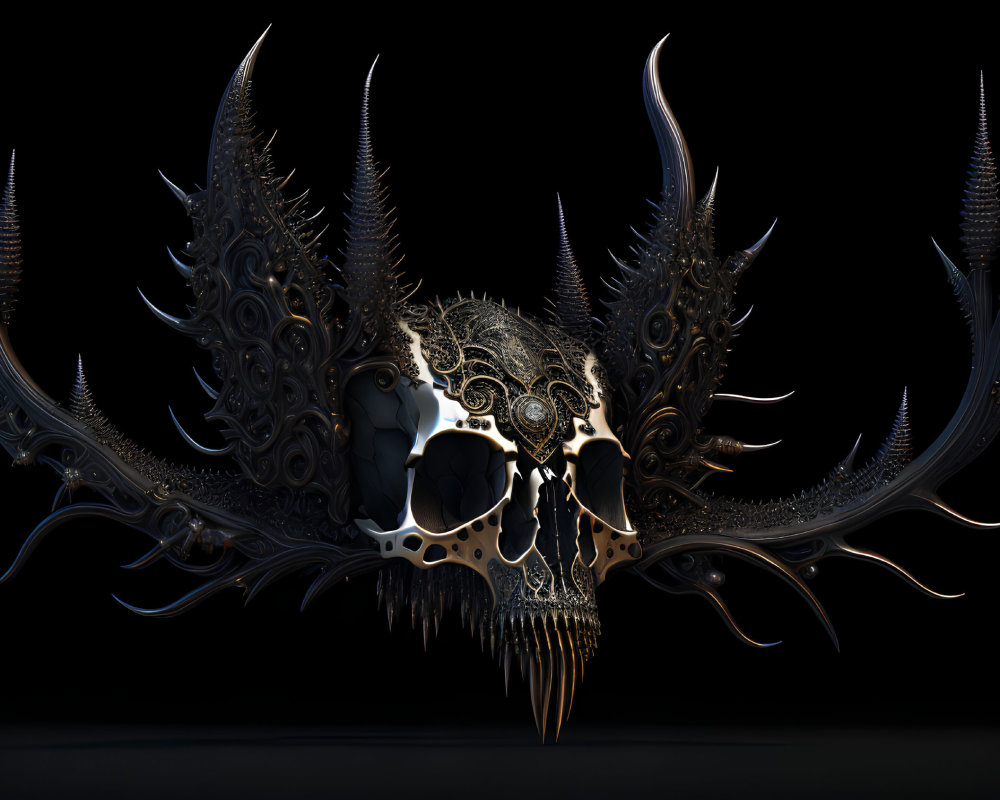 Intricate metallic skull with ornate horns and filigree detailing