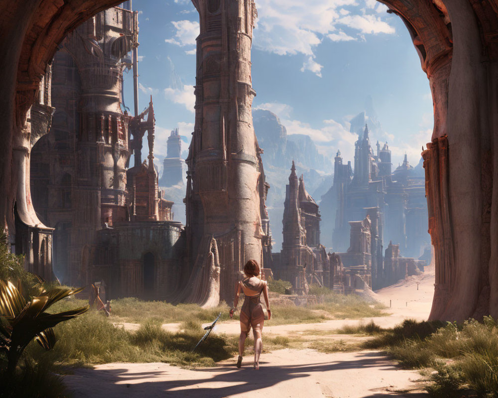 Sword-wielding adventurer in ancient sunlit city with towering ruins