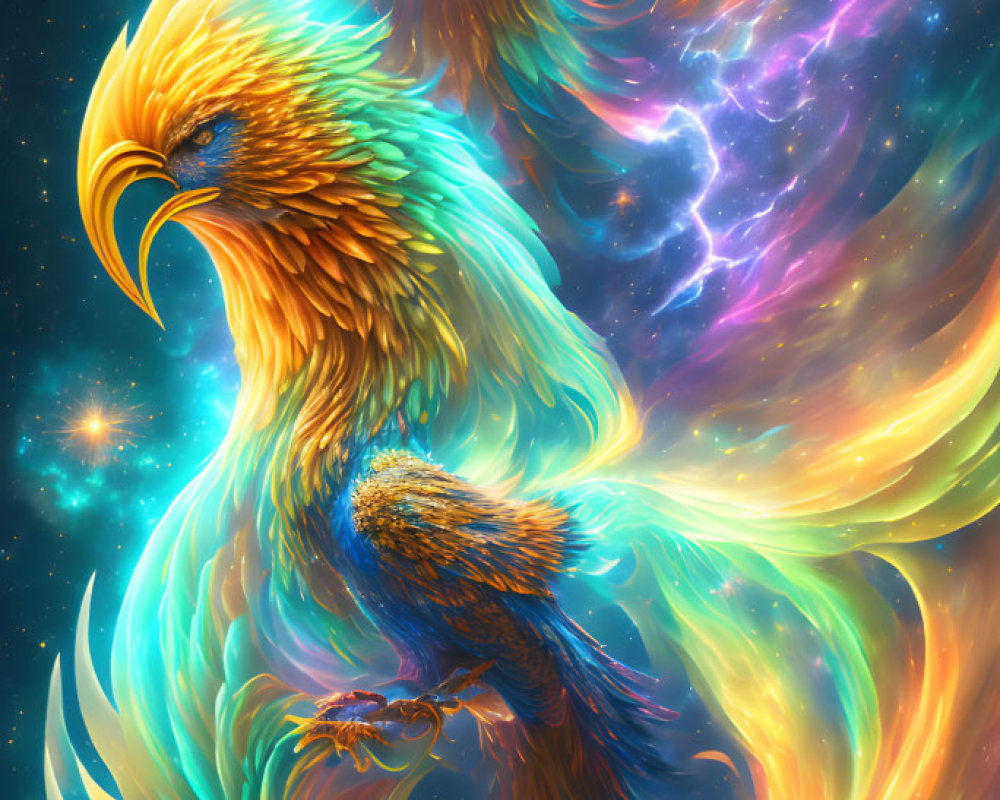 Colorful digital artwork: Three phoenixes soaring in cosmic sky