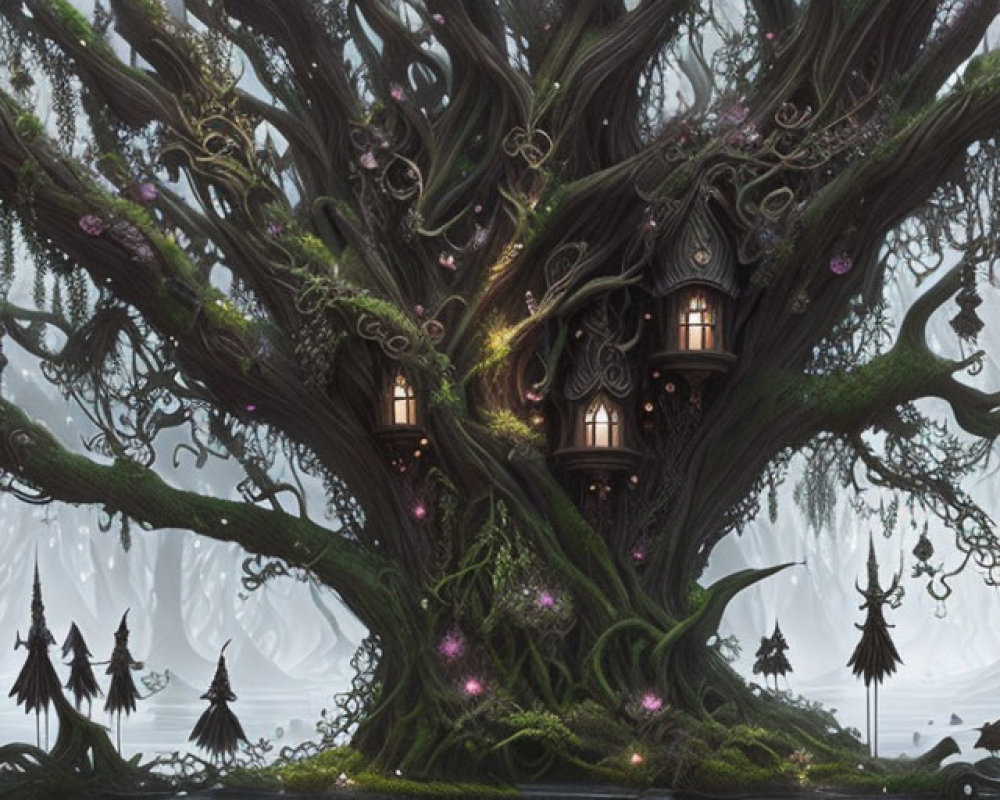 Enchanting forest with mystical treehouse and floating lanterns