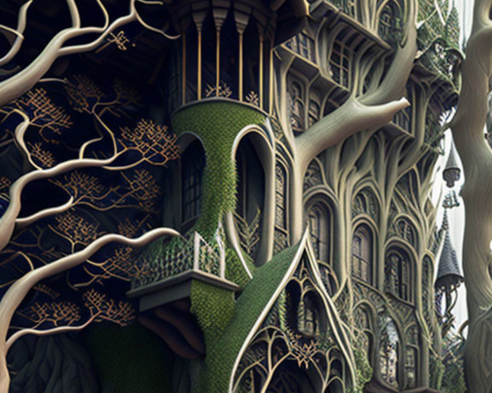 Detailed Gothic Architecture Treehouse in Serene Forest