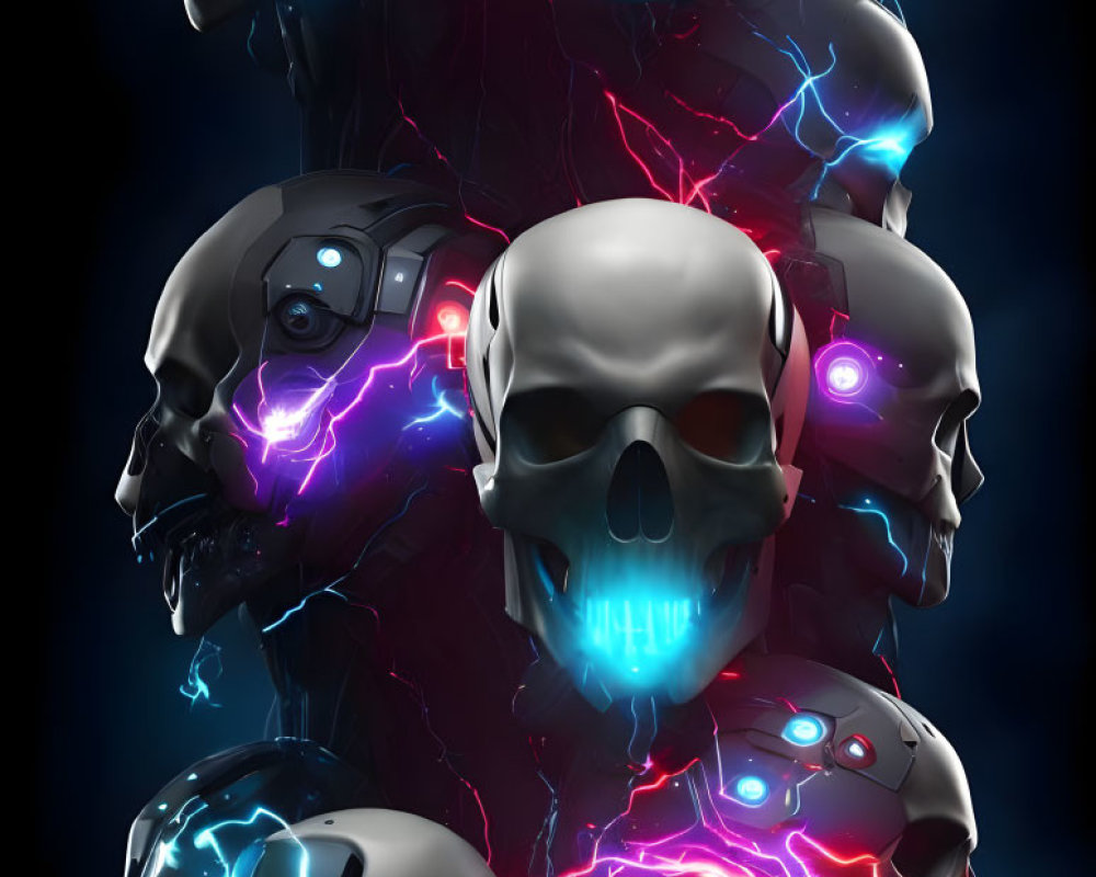 Futuristic robot skulls with neon lights and electrical energy on dark background