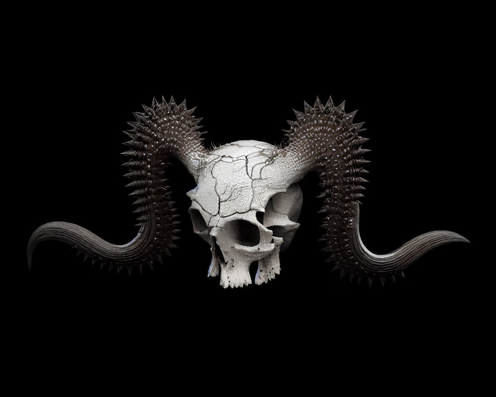 Digital artwork: Cracked skull with horns and tentacles on black background