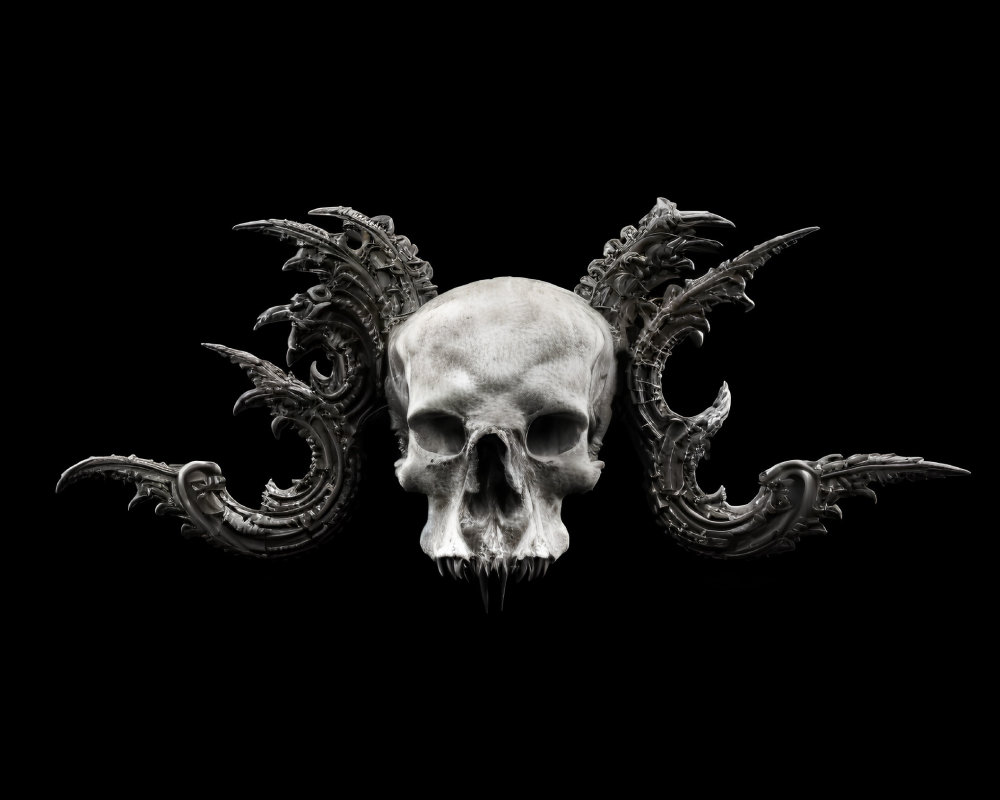 Monochrome human skull with metallic dragon wings on black background