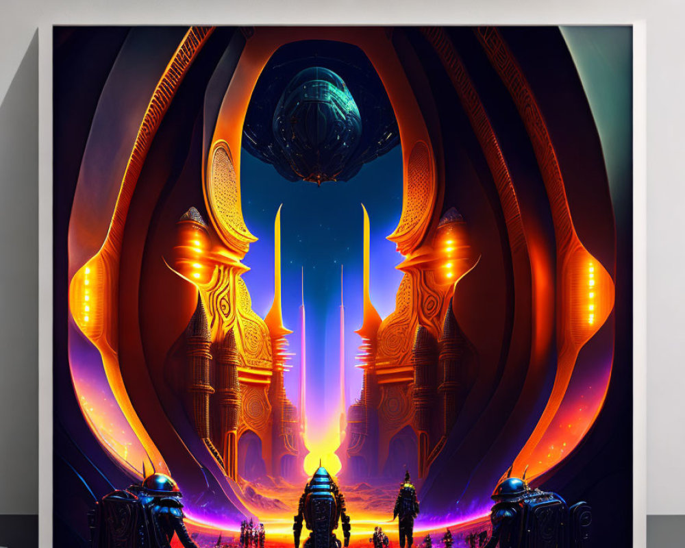 Futuristic artwork of otherworldly temple with radiant towers, hovering orb, figures, glowing portal