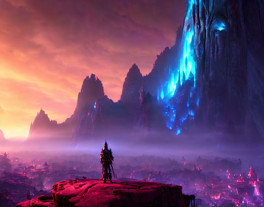 Figure on rocky outcrop gazes at mystical landscape with glowing blue crystals and pink sky