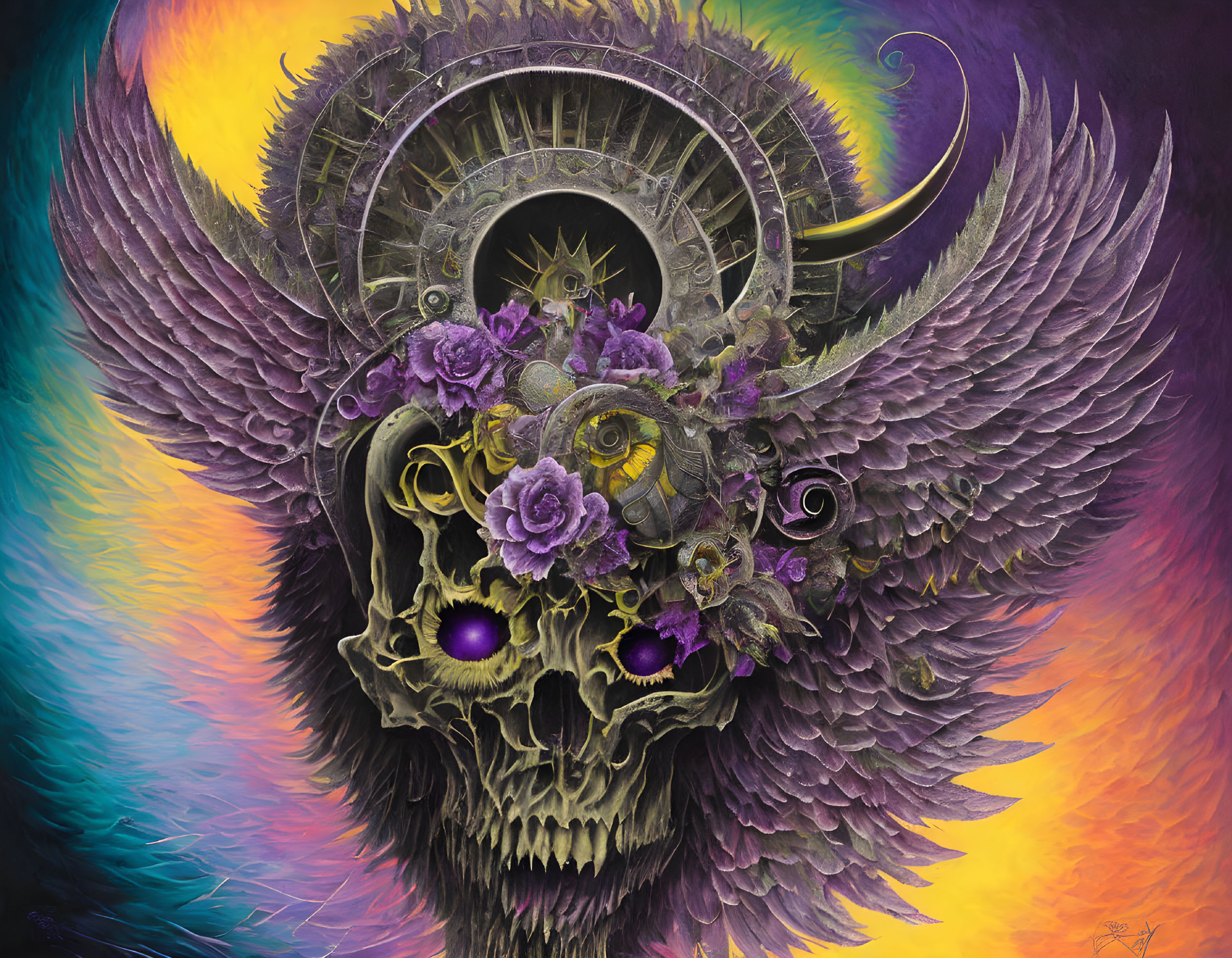 Colorful skull art with purple eyes, flowers, gears, and ram horns on fiery wing backdrop