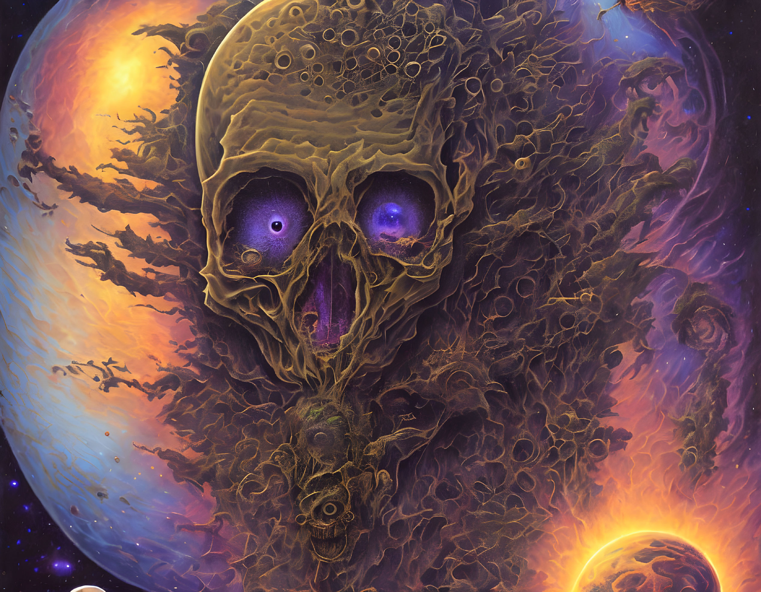 Vibrant Purple and Orange Cosmic Skull Illustration