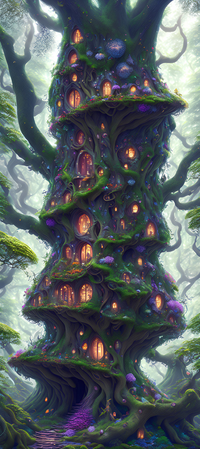 Illustration of a magical treehouse in a mystical forest