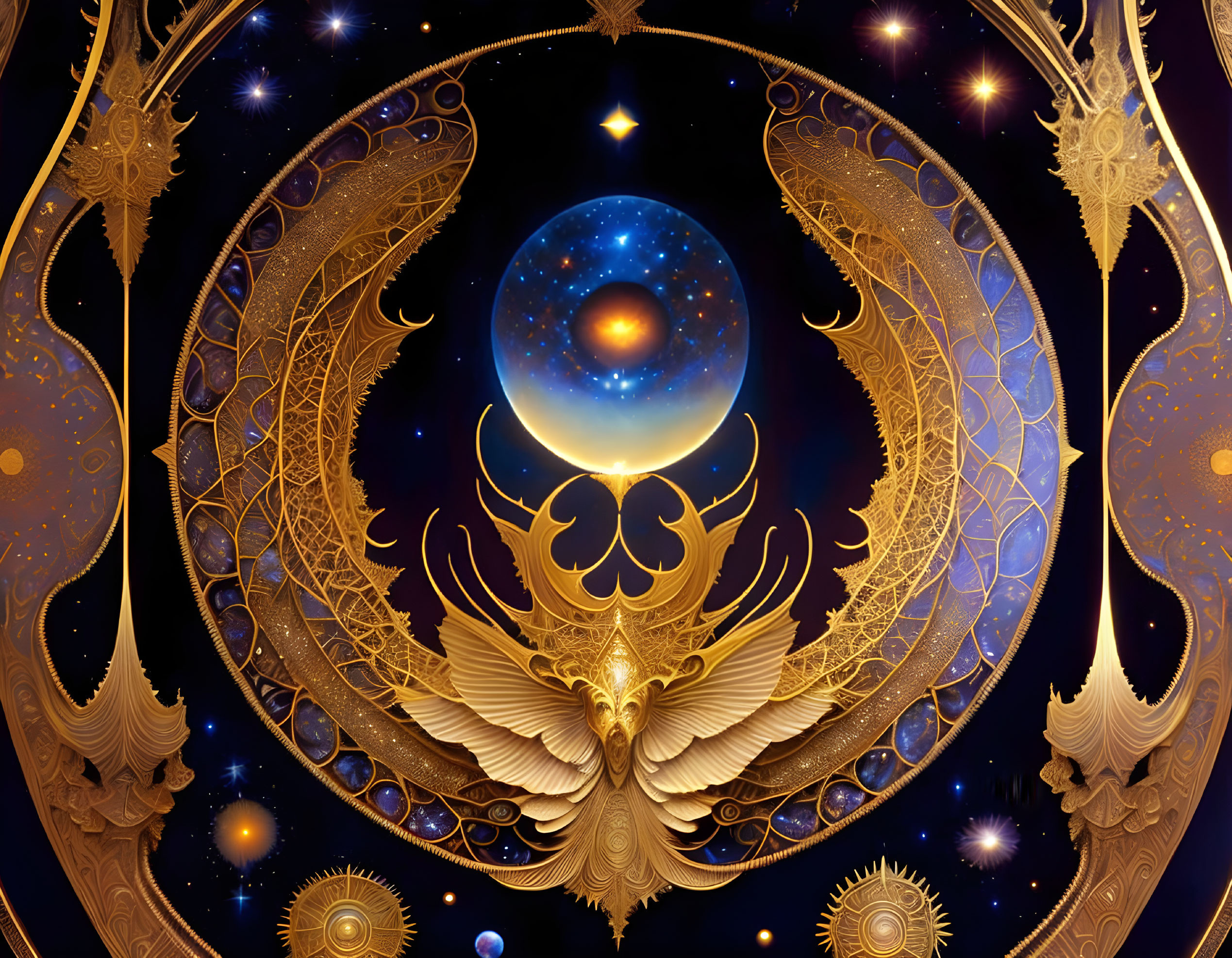 Golden phoenix wings and celestial elements in cosmic illustration.