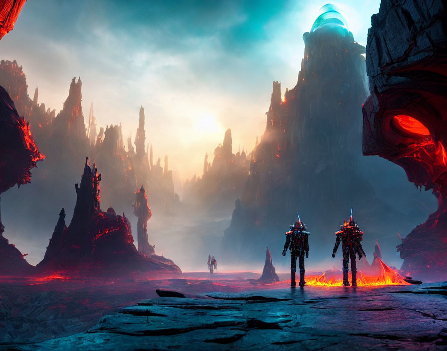 Sci-fi landscape with towering rock formations, robots, and humanoid figure under dramatic sunset