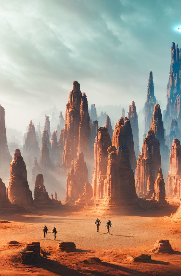 Explorers in desert with rocky pillars and distant planet in hazy sky