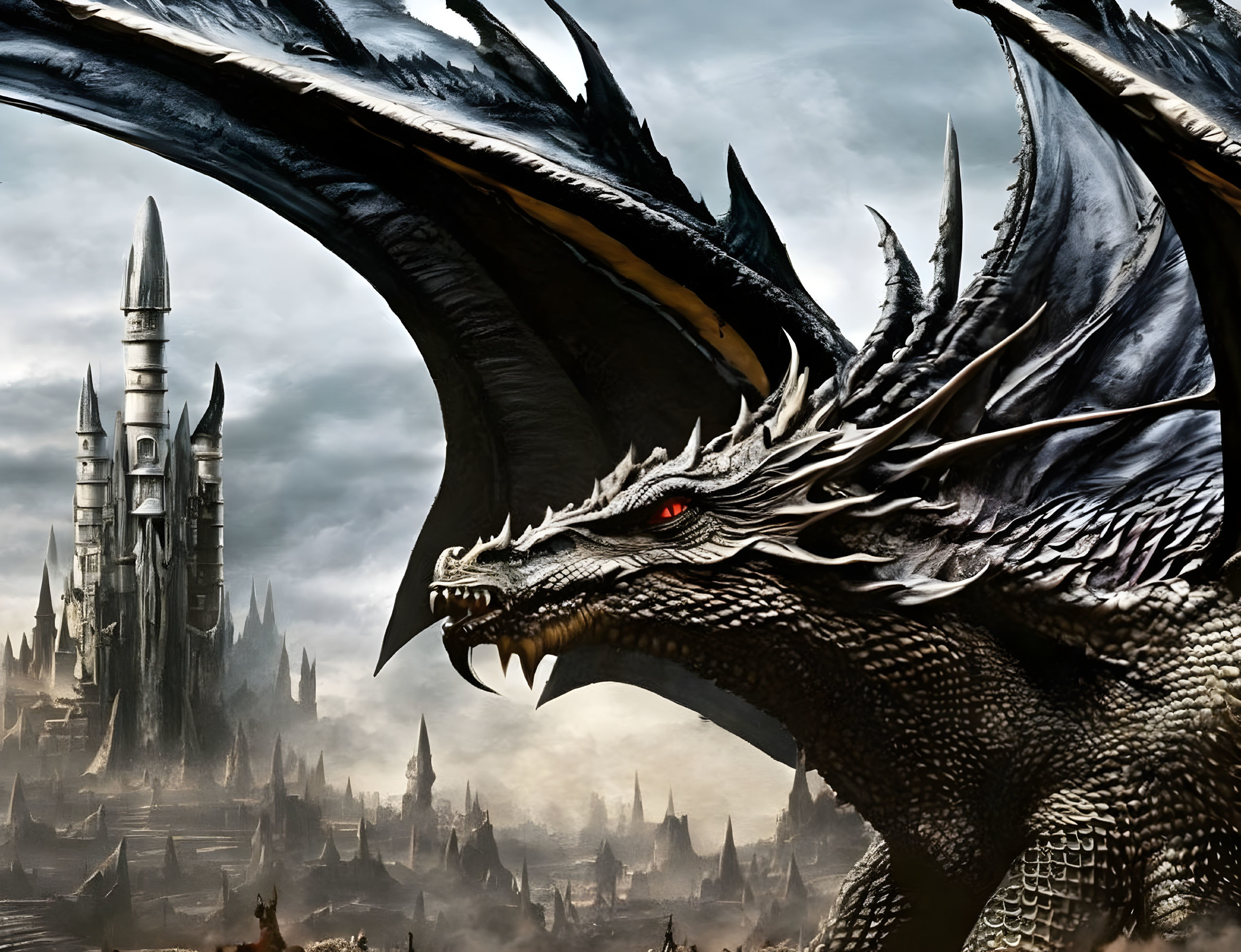 Black Dragon with Red Eyes in Front of Dark Castle: Fantasy Scene