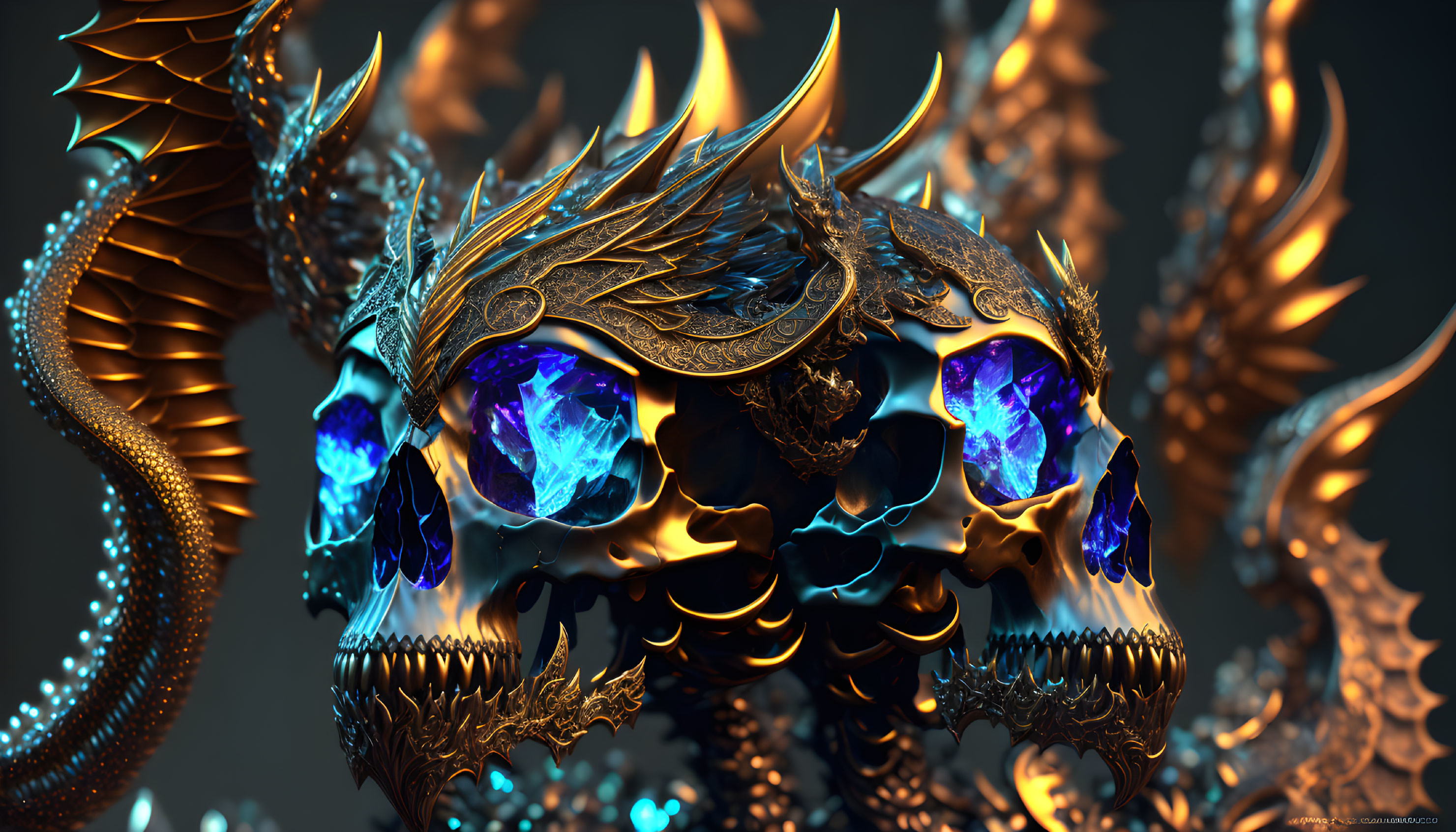 Metallic Dragon Skull with Blue Gemstone Eyes & Flames