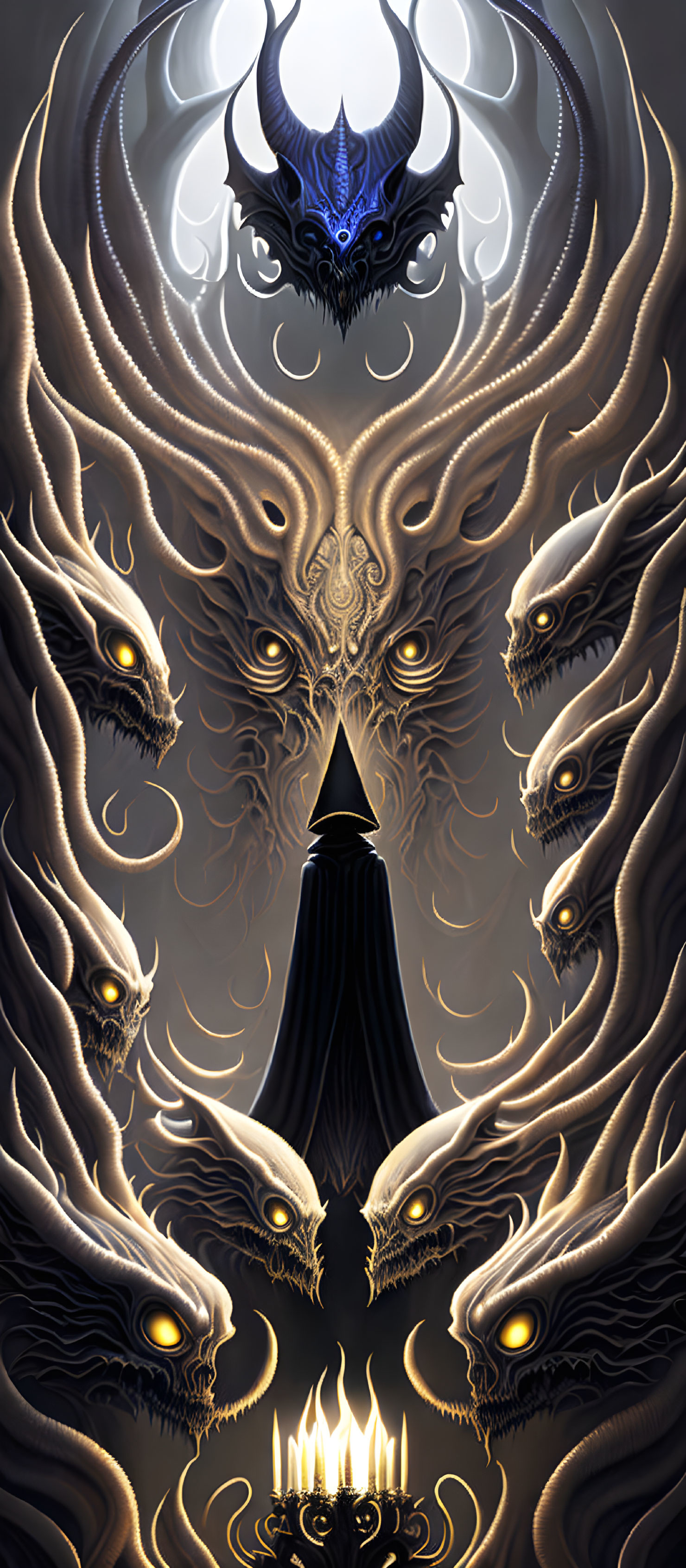 Fantasy artwork: Central figure with serpentine forms, celestial entity, and candle-lit altar