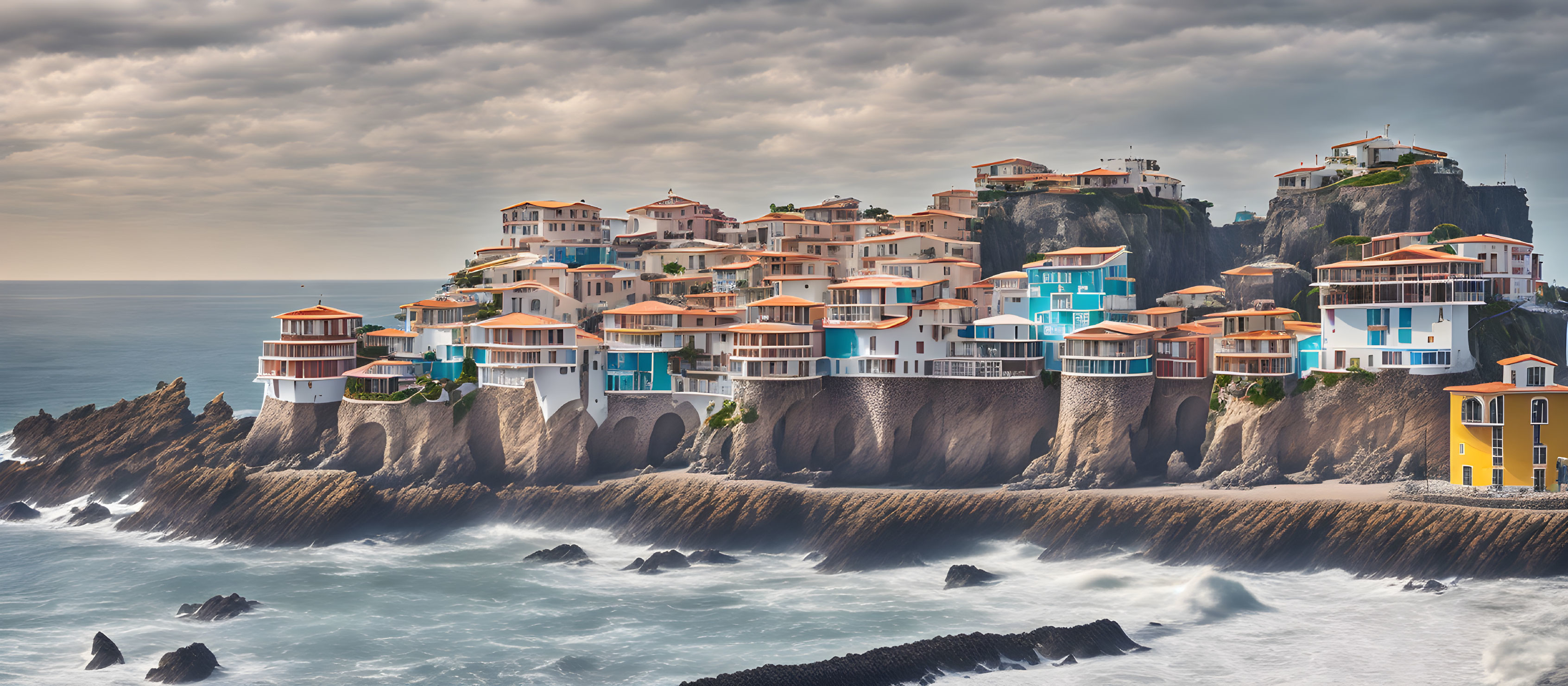 Picturesque Coastal Cliffside Houses Overlooking Rough Sea and Cloudy Sky