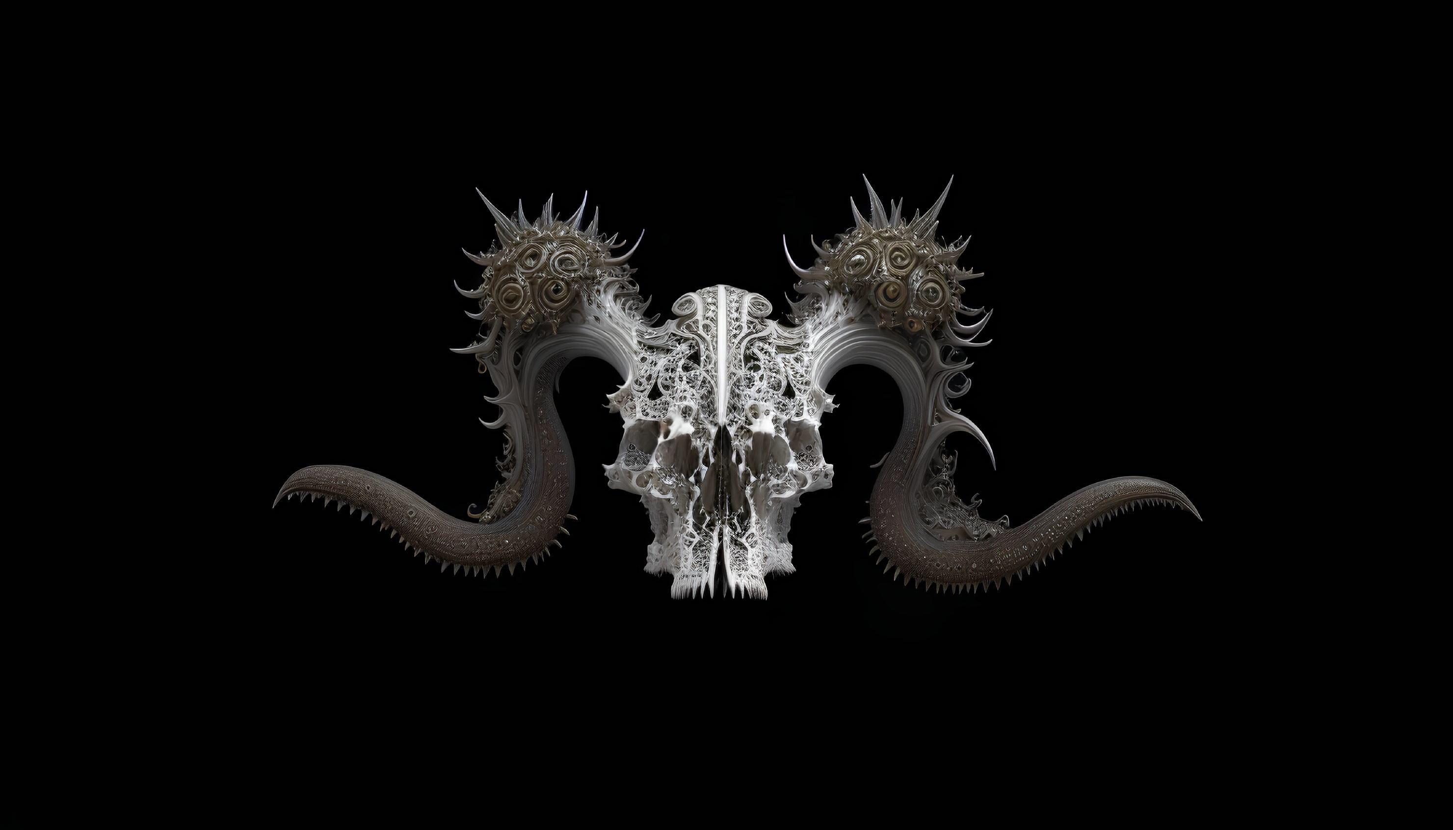 Symmetrical fractal design of fantastical creature with ornate horns and tails on black background