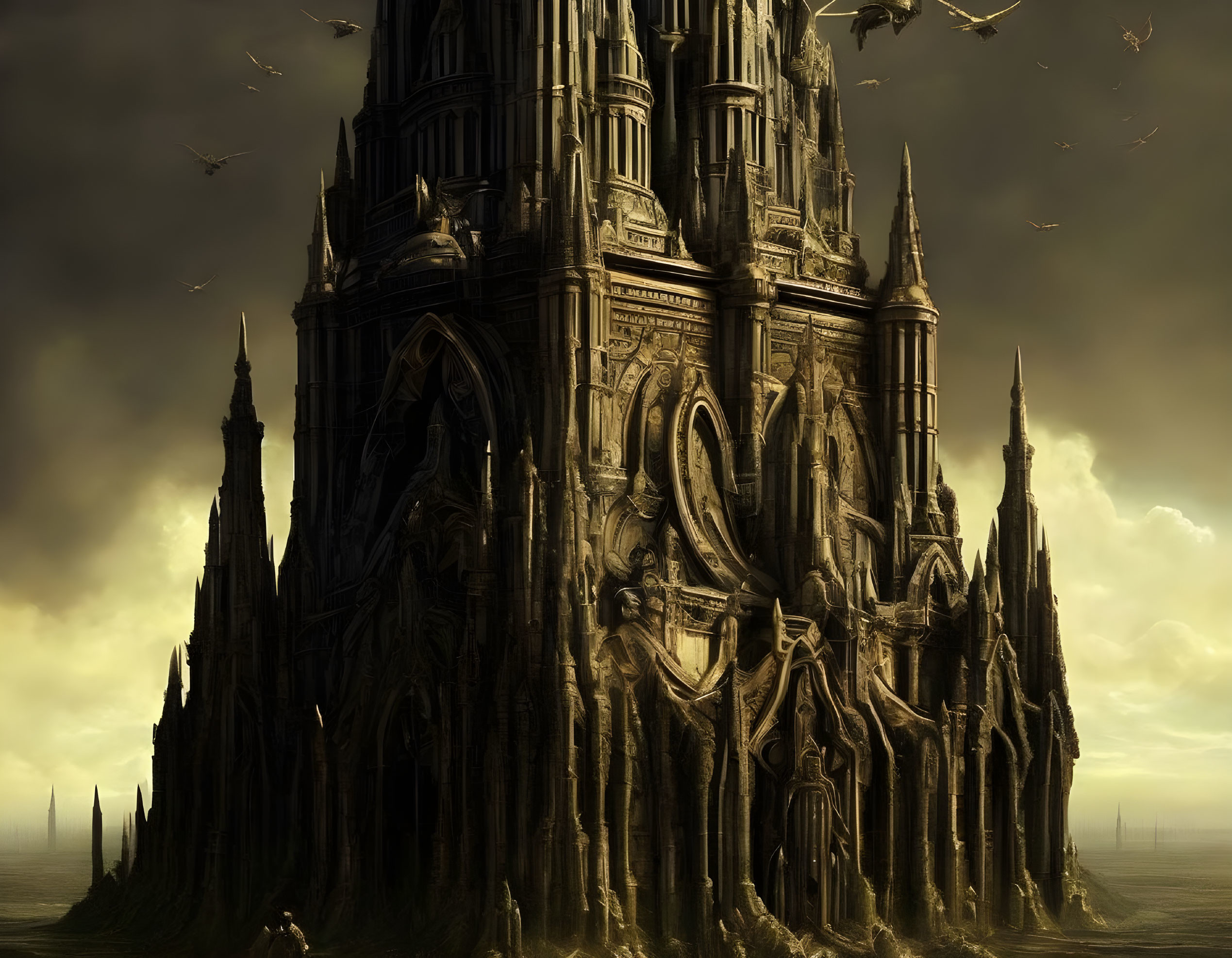 Gothic cathedral with towering spires under dark sky