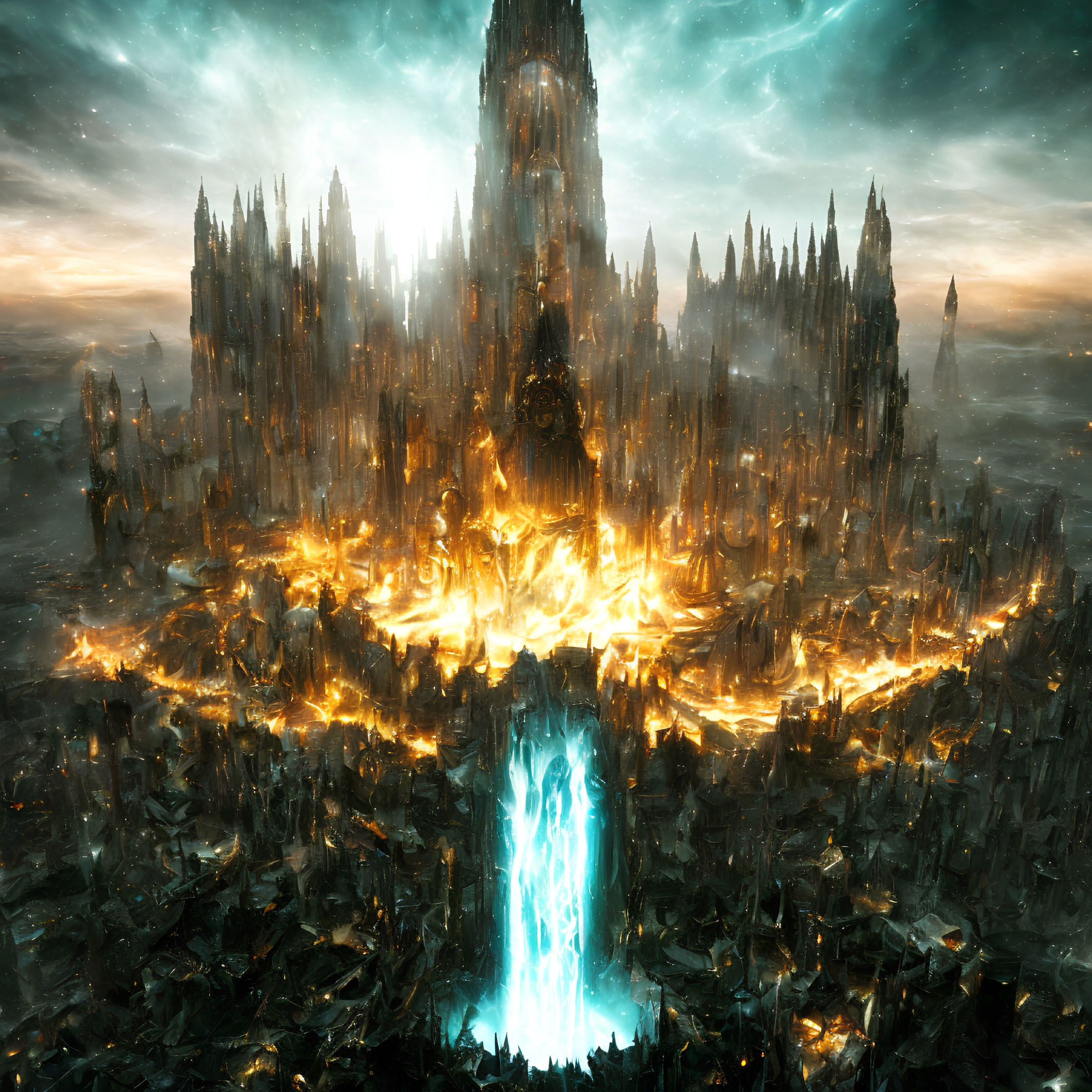 Fantastical city with golden fire, towering spires, and blue portal