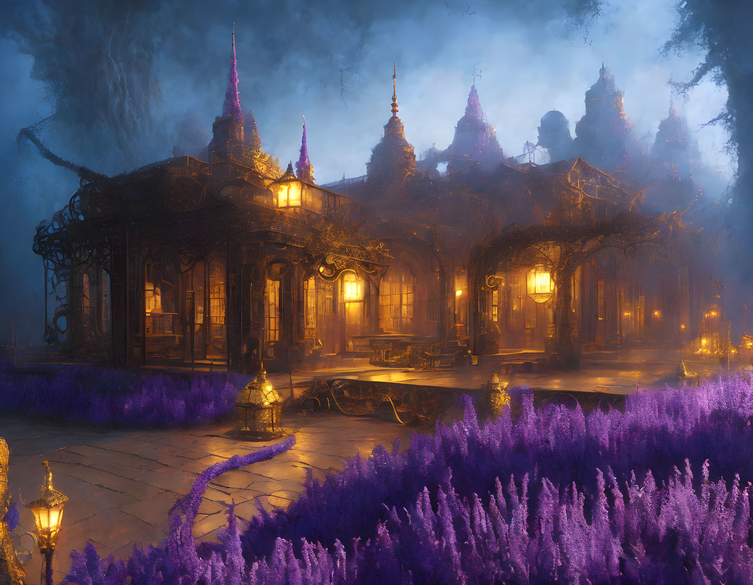 Mystical Glasshouse Surrounded by Purple Flora and Lamp Posts