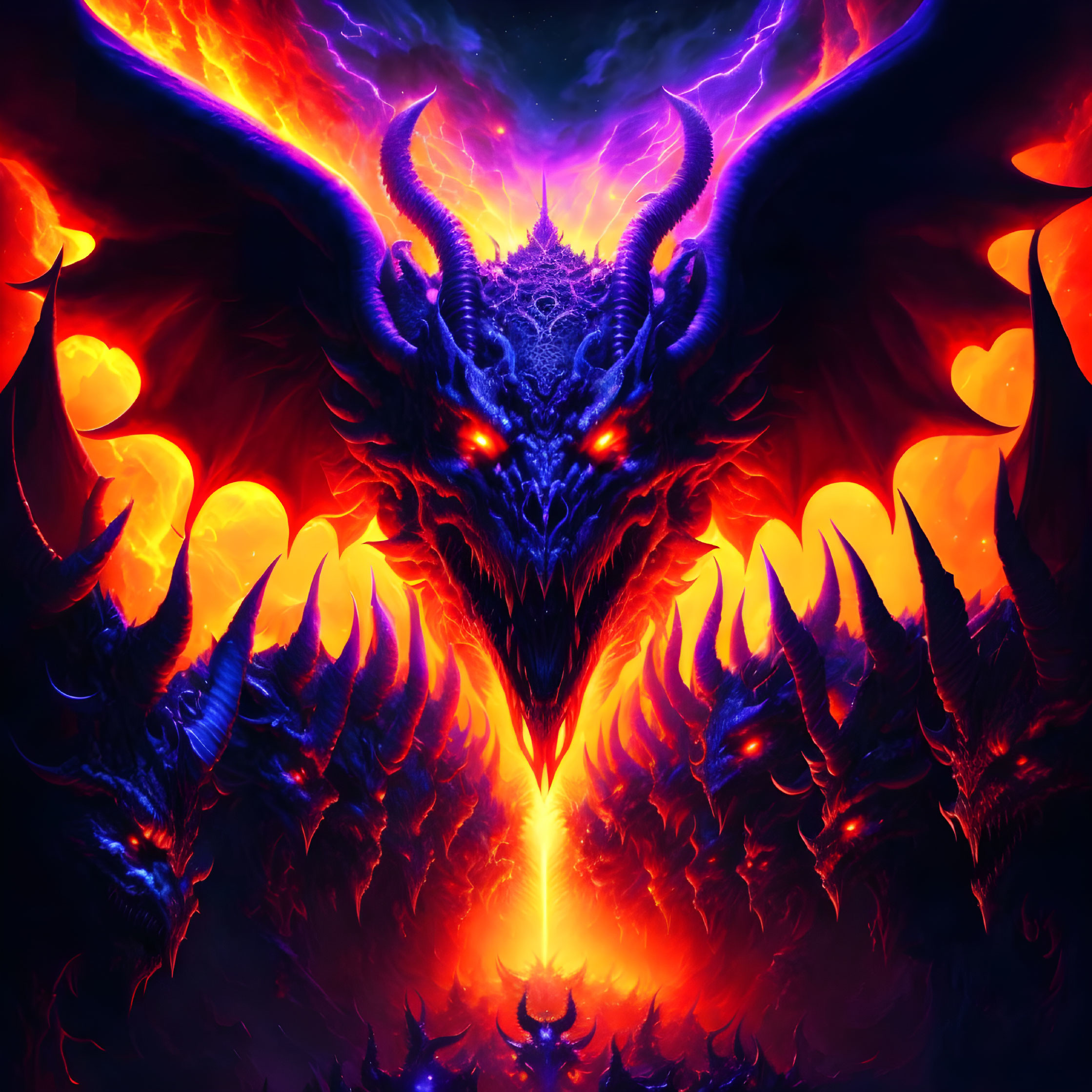 Menacing dragon with red eyes in fiery scene