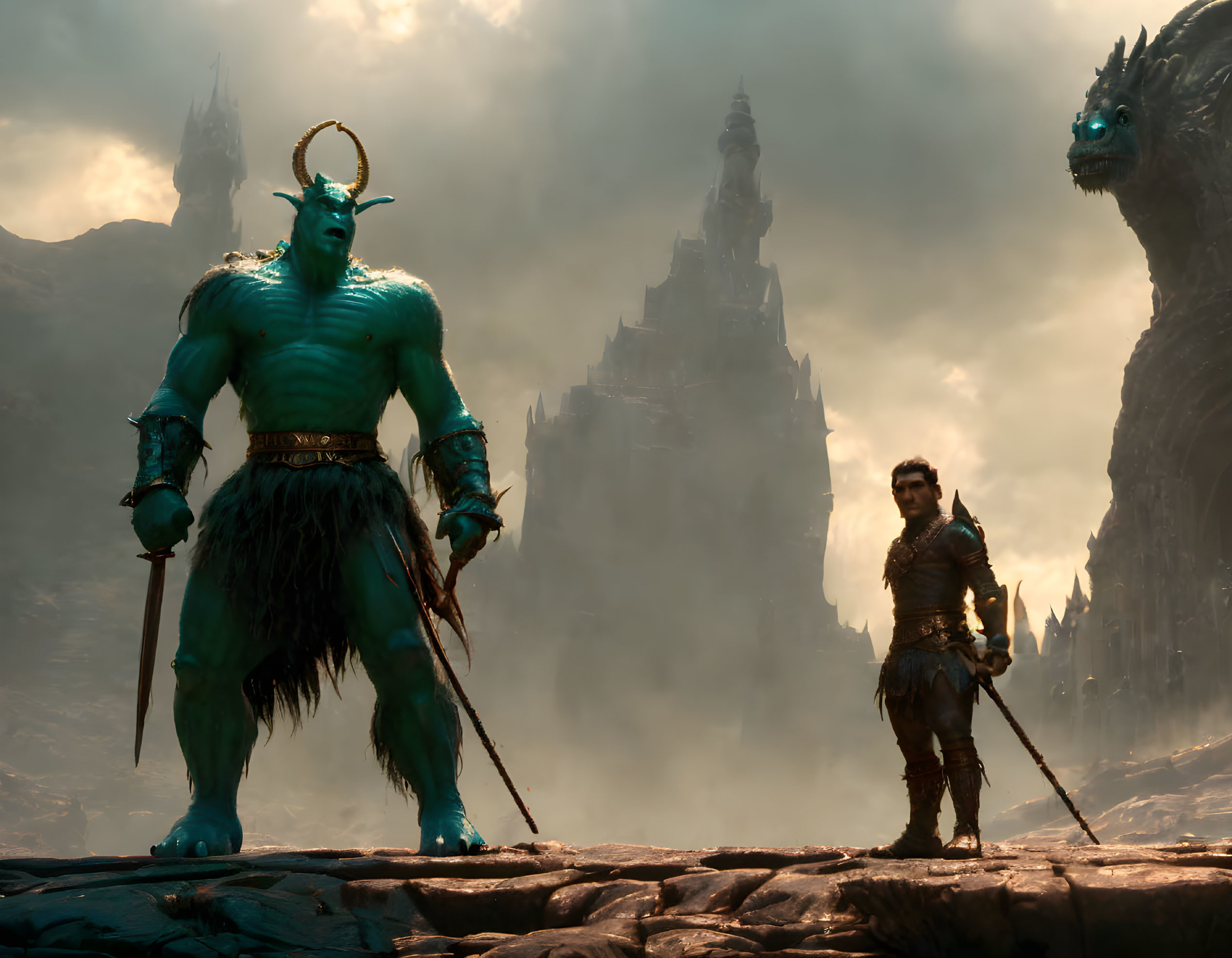 Fantasy artwork of orc and human warrior with staff against castle backdrop