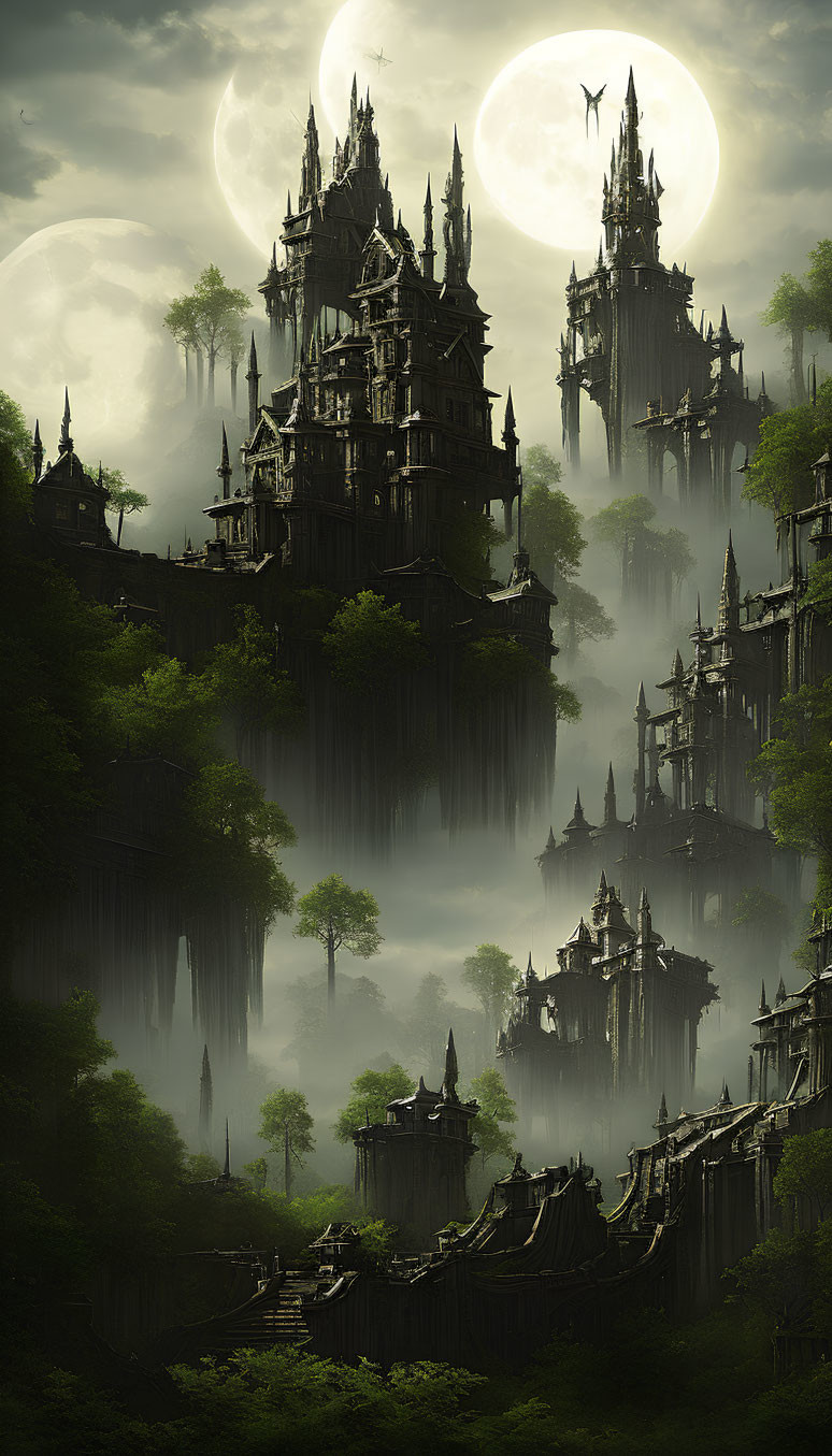 Gothic castles in misty fantasy landscape under twin moons