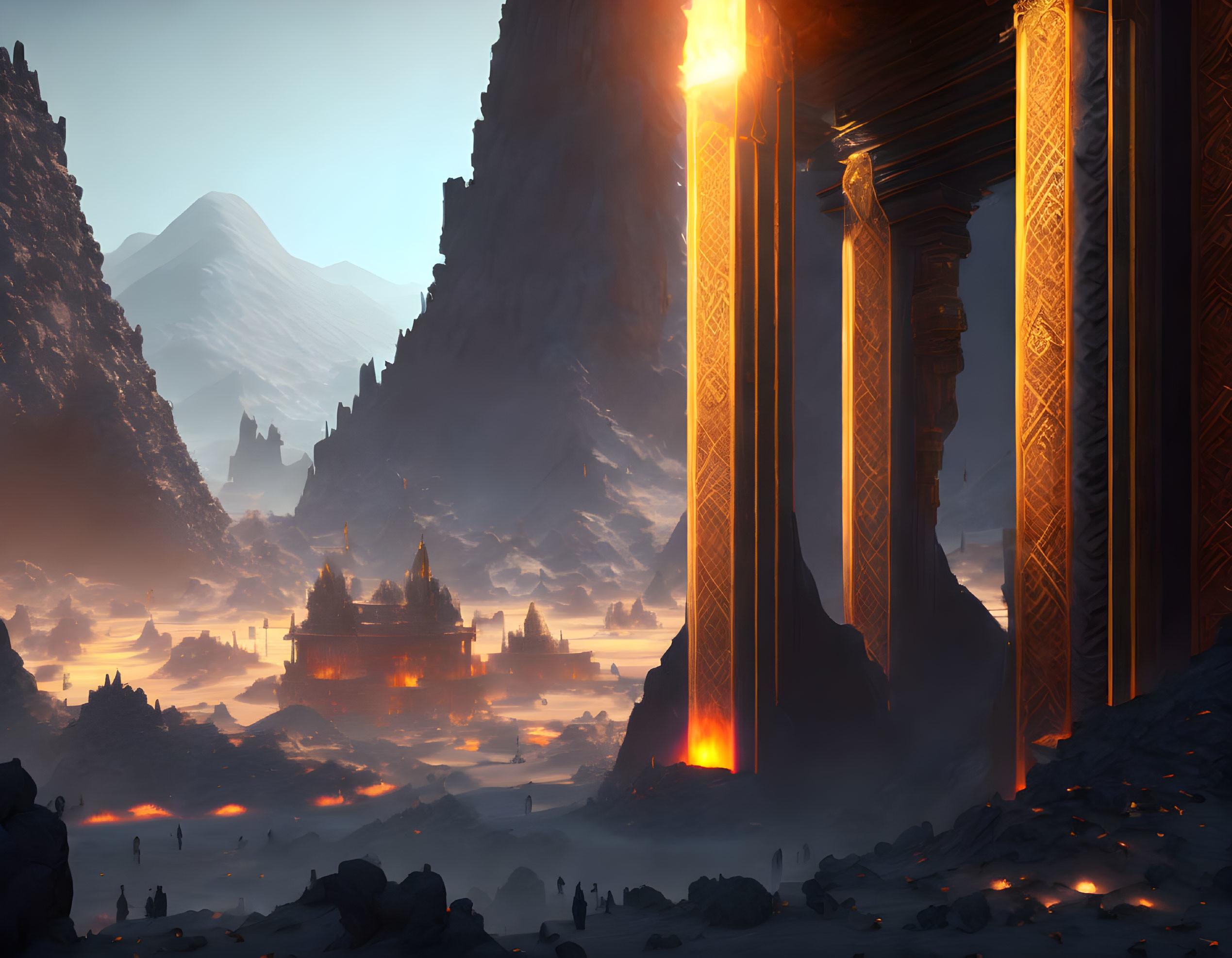 Futuristic landscape with towering structures and glowing lava flows