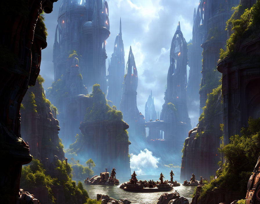 Fantasy city with towering spires and river boats under serene sky