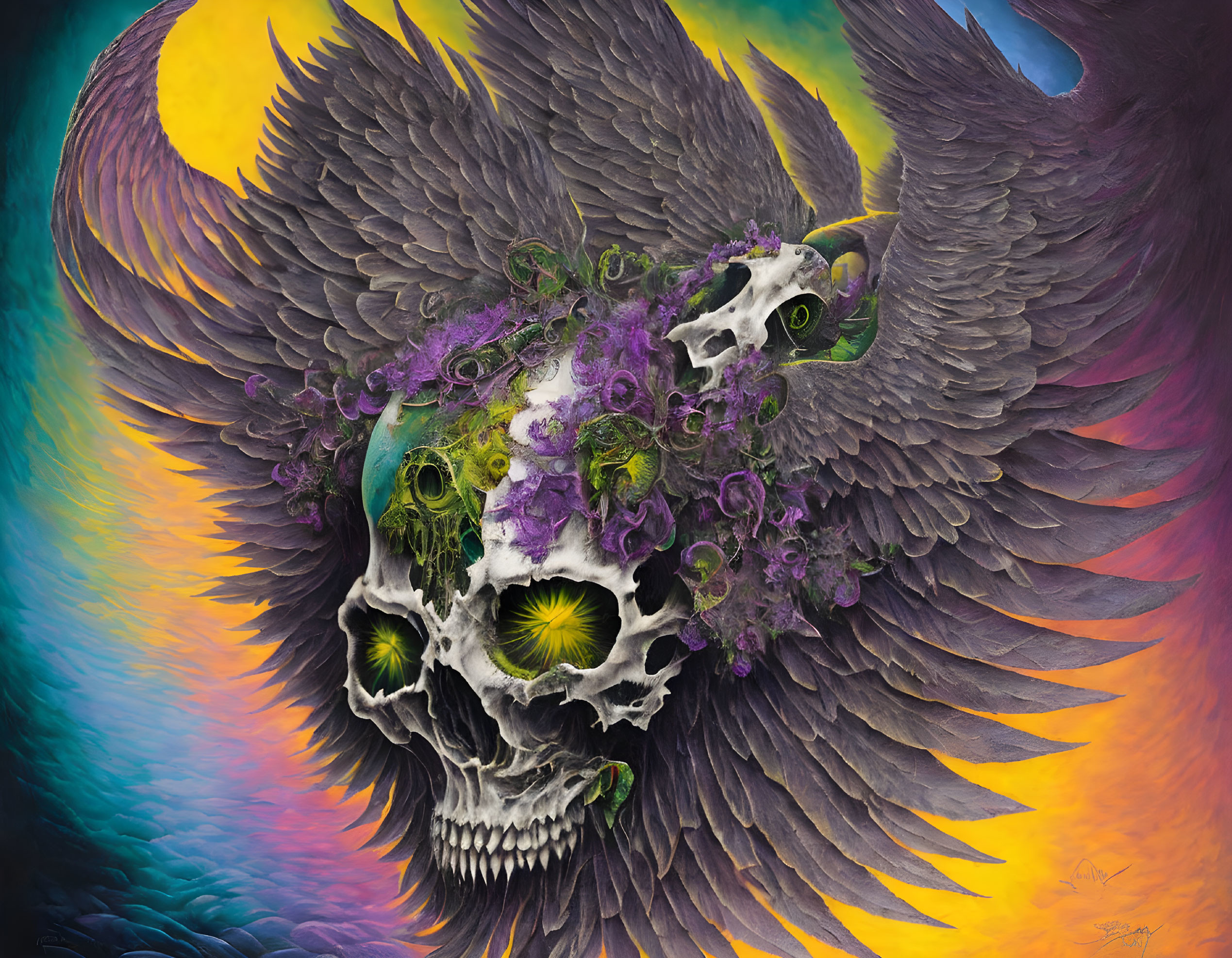 Colorful Skull Artwork with Green Eyes, Purple Flowers, and Raven Wings