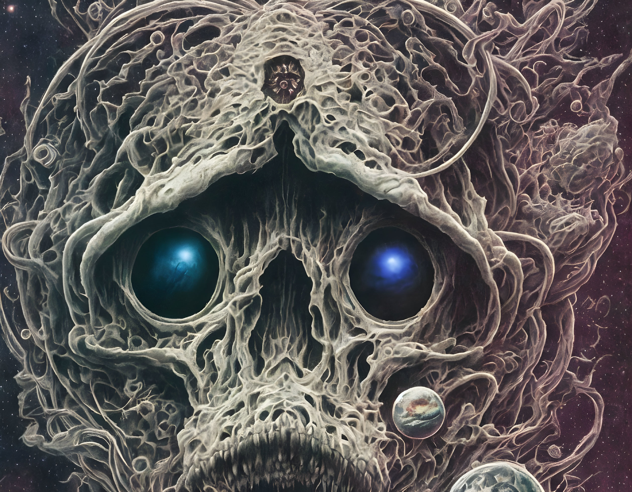 Surreal cosmic skull with swirling nebulous textures and glowing blue orbs in eye sockets on starry