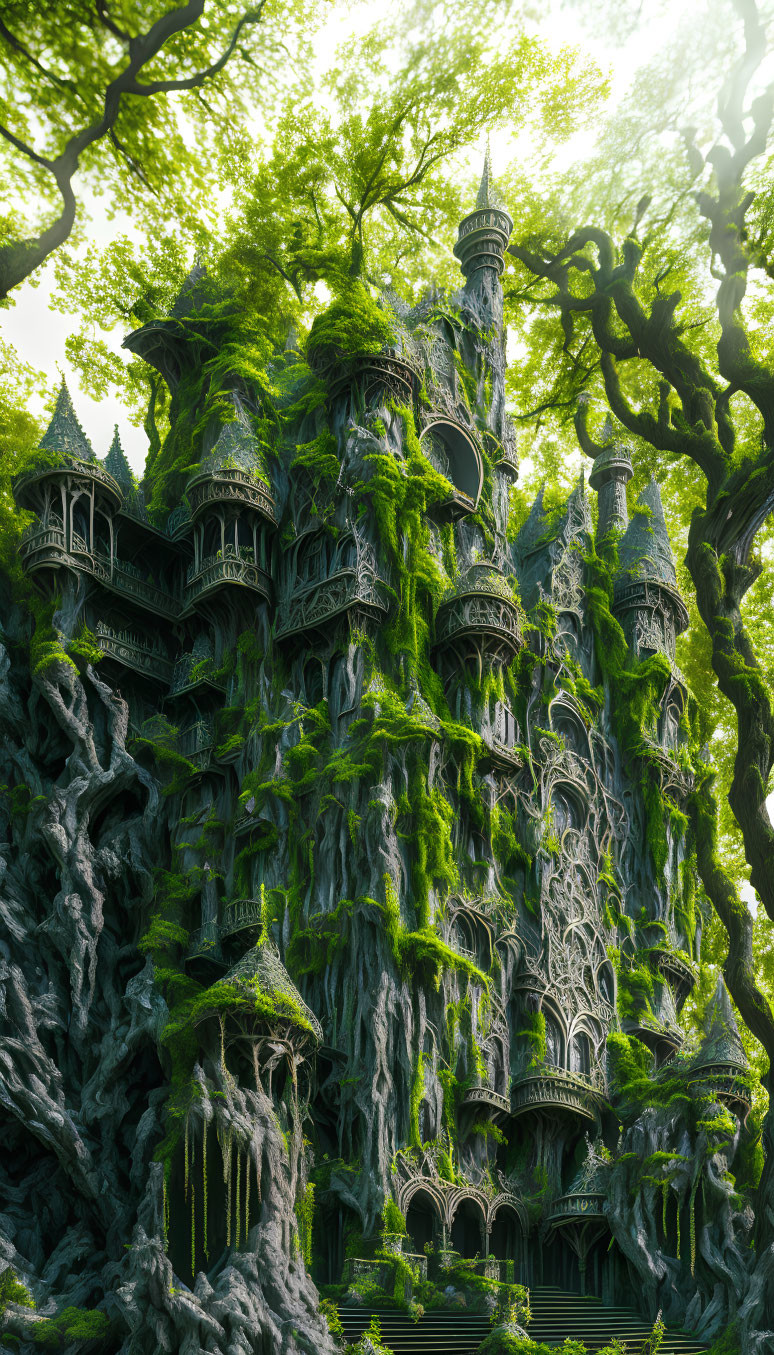 Ornate treehouse with towers and balconies in lush greenery