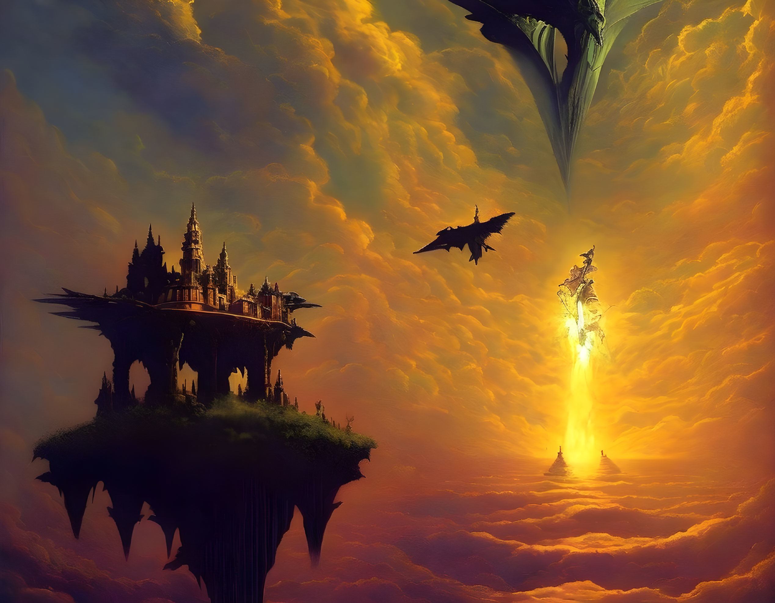 Fantasy landscape with floating islands, castle, dragons, and glowing tree at sunset