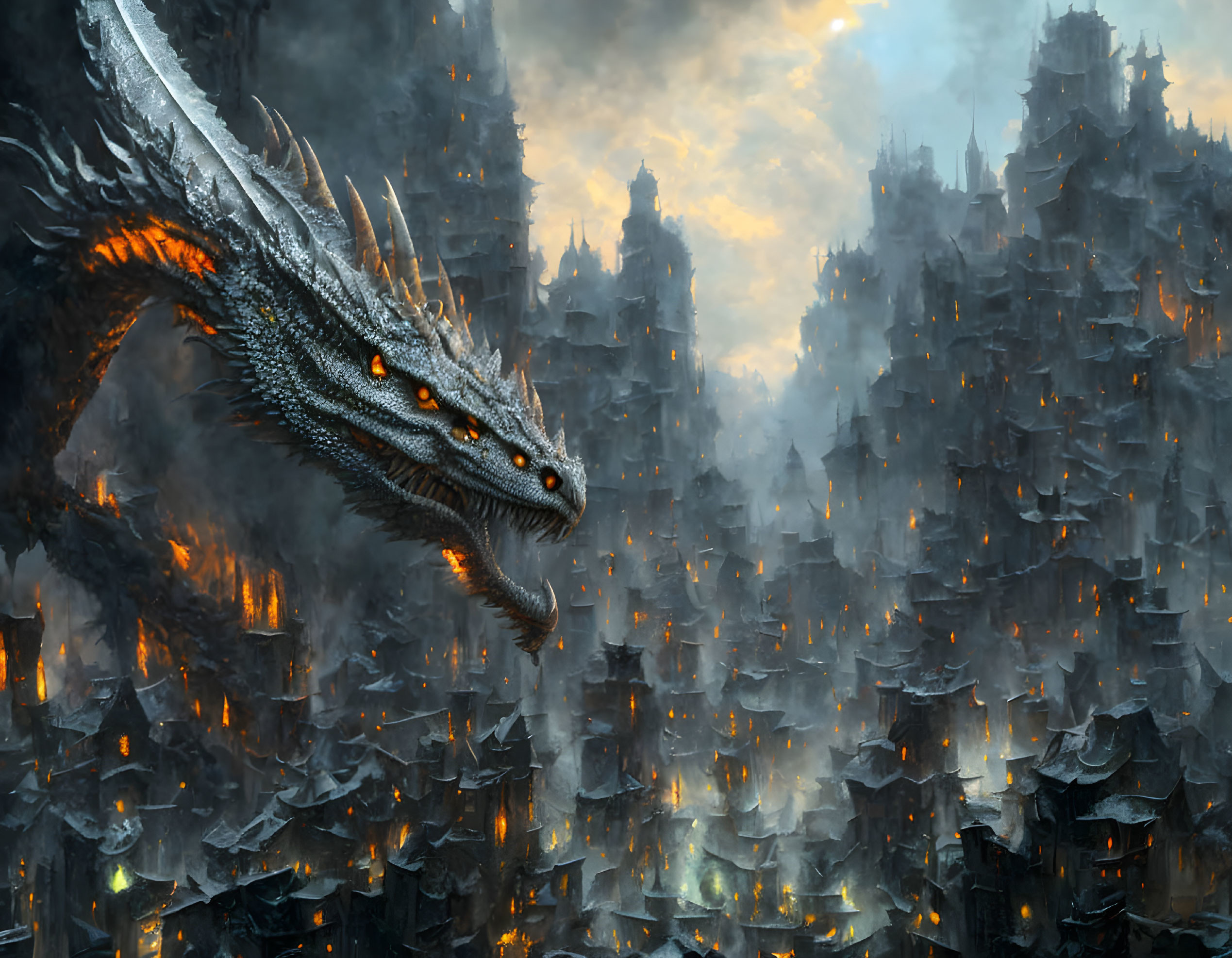 Majestic dragon over misty gothic cityscape with fiery glows