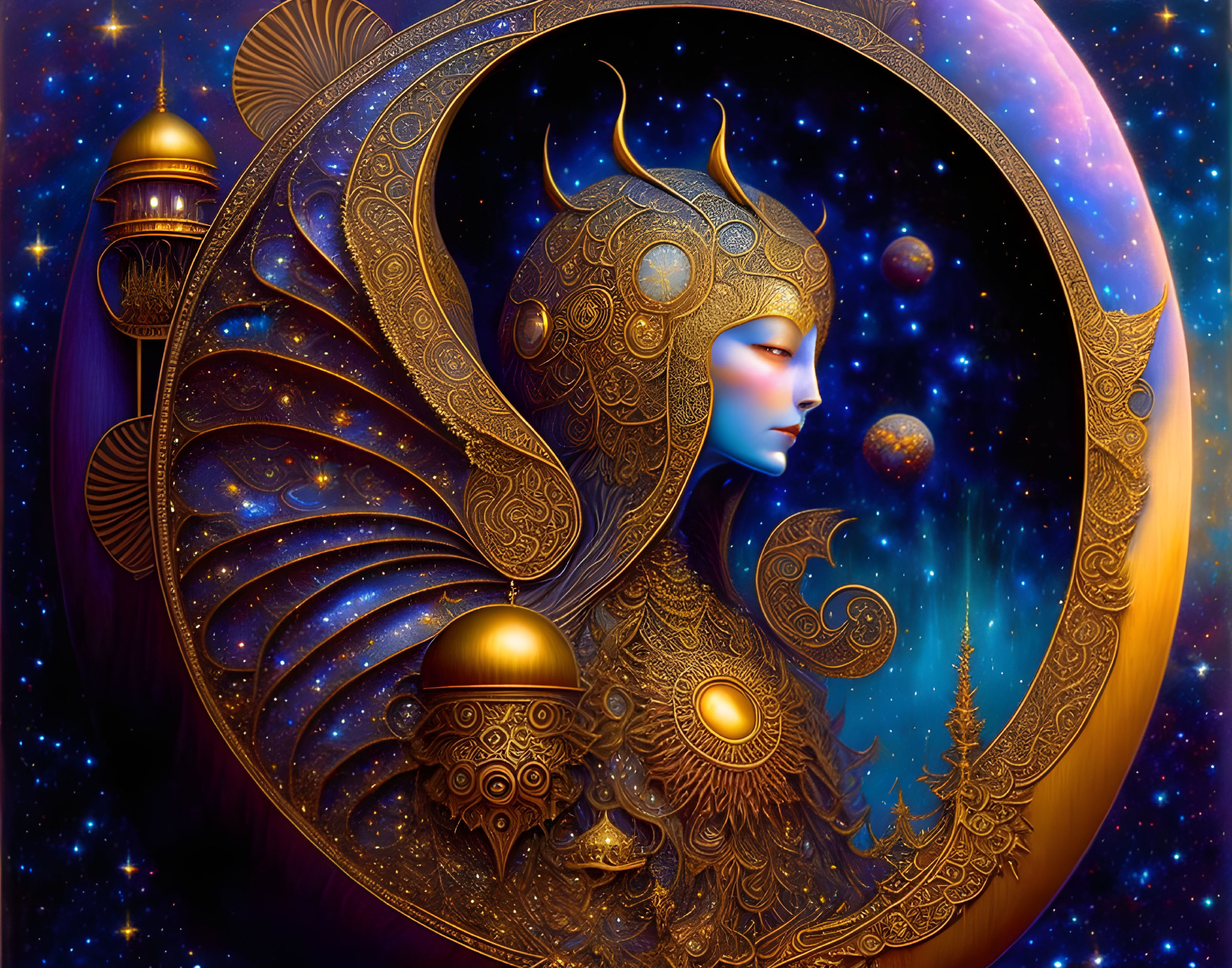 Celestial female figure in ornate gold attire on cosmic backdrop