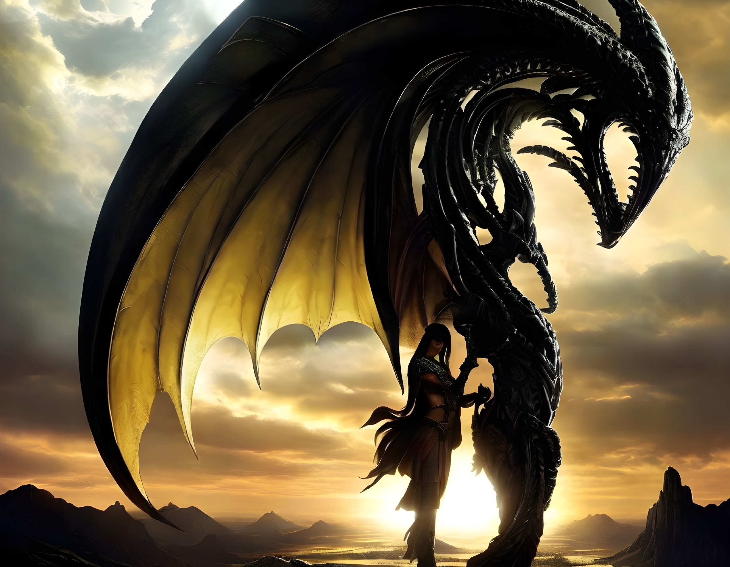 Warrior and black dragon under dramatic sunset sky